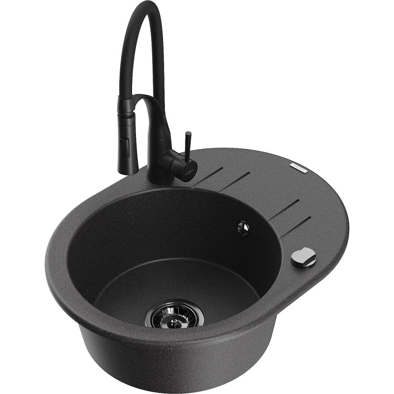 Mexen Kevin 1-bowl granite sink with drainer and Aster kitchen faucet, black speckled - 6517-76-73450-70-B