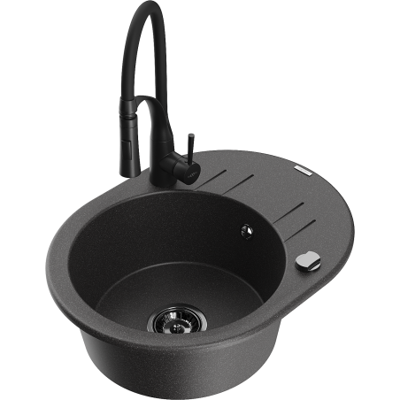Mexen Kevin granite sink 1-bowl with drainer and Aster kitchen tap, black speckled - 6517-76-73450-70-B