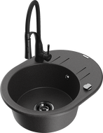 Mexen Kevin granite kitchen sink single-bowl with drainer and Aster kitchen faucet, black speckled - 6517-76-73450-70-B
