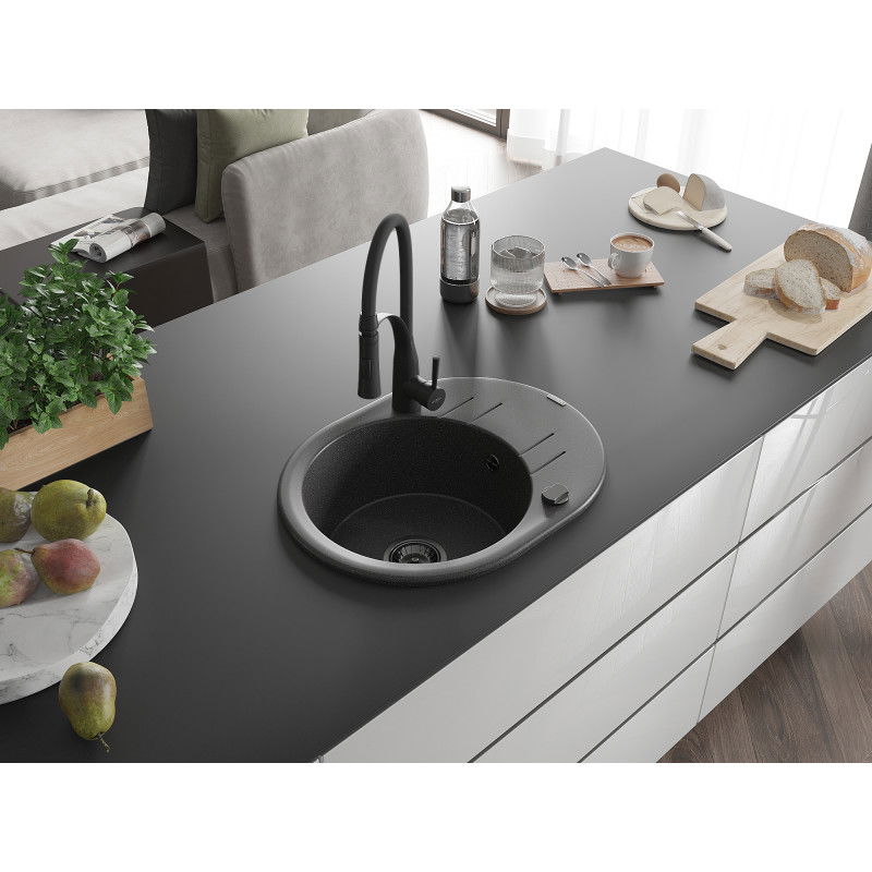 Mexen Kevin granite sink 1-bowl with drainer and Aster kitchen tap, black speckled - 6517-76-73450-70-B