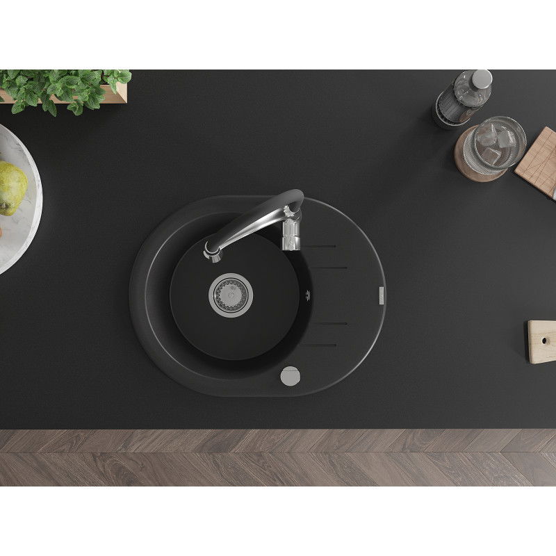 Mexen Kevin granite sink 1-bowl with drainer and Aster kitchen tap, black - 6517-77-73450-07