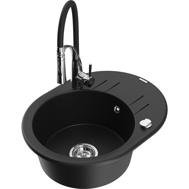 Mexen Kevin 1-bowl granite sink with drainer and Aster kitchen faucet, black - 6517-77-73450-07