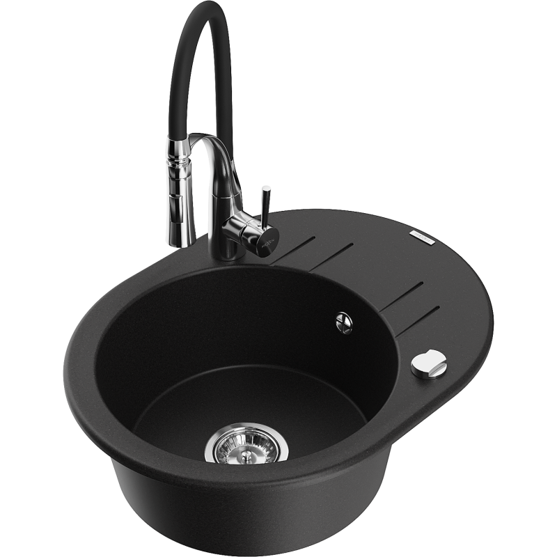 Mexen Kevin 1-compartment granite sink with a drip tray and kitchen mixer tap Aster, Black - 6517-77-73450-07