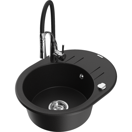 Mexen Kevin 1-bowl granite sink with drainer and Aster kitchen faucet, black - 6517-77-73450-07