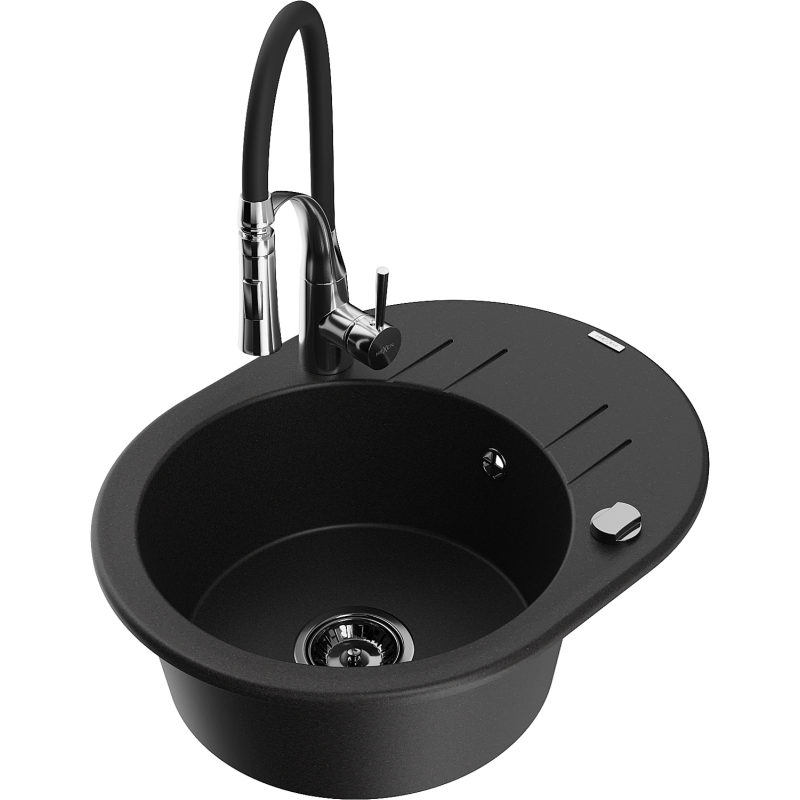 Mexen Kevin granite sink with 1 bowl and drainer and Aster kitchen tap, black - 6517-77-73450-07-B