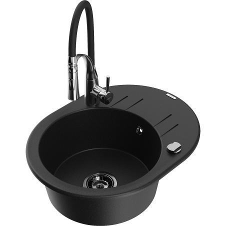 Mexen Kevin 1-bowl granite sink with drainer and Aster kitchen faucet, black - 6517-77-73450-07-B