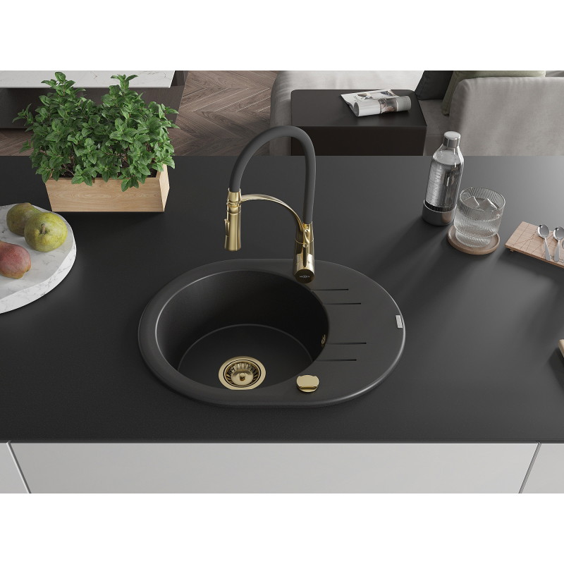 Mexen Kevin 1-bowl granite sink with drainer and Aster kitchen faucet, black - 6517-77-73450-57-G