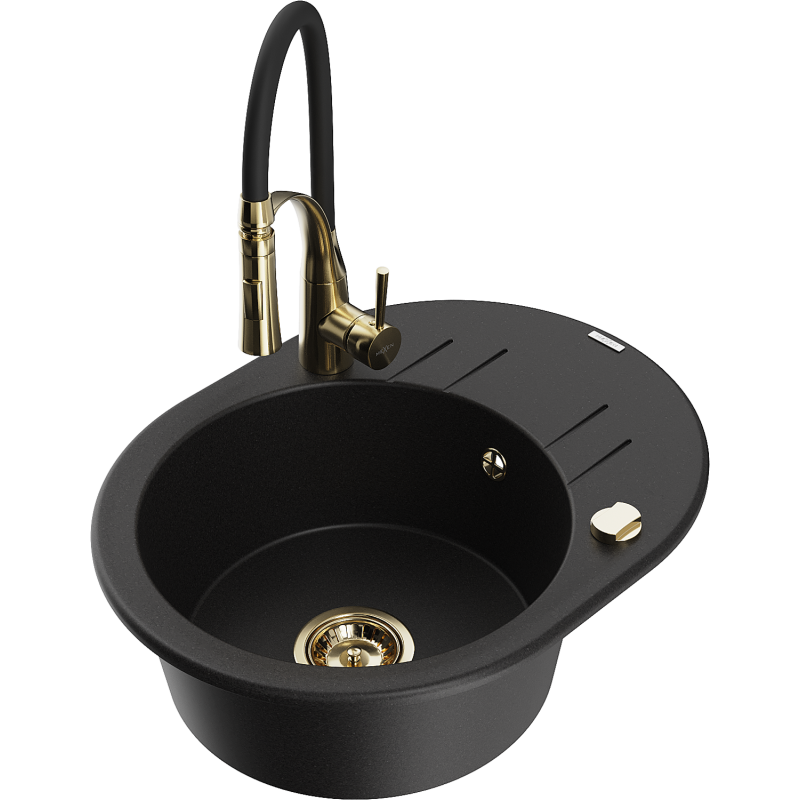 Mexen Kevin 1-bowl granite sink with drainer and Aster kitchen tap, black - 6517-77-73450-57-G