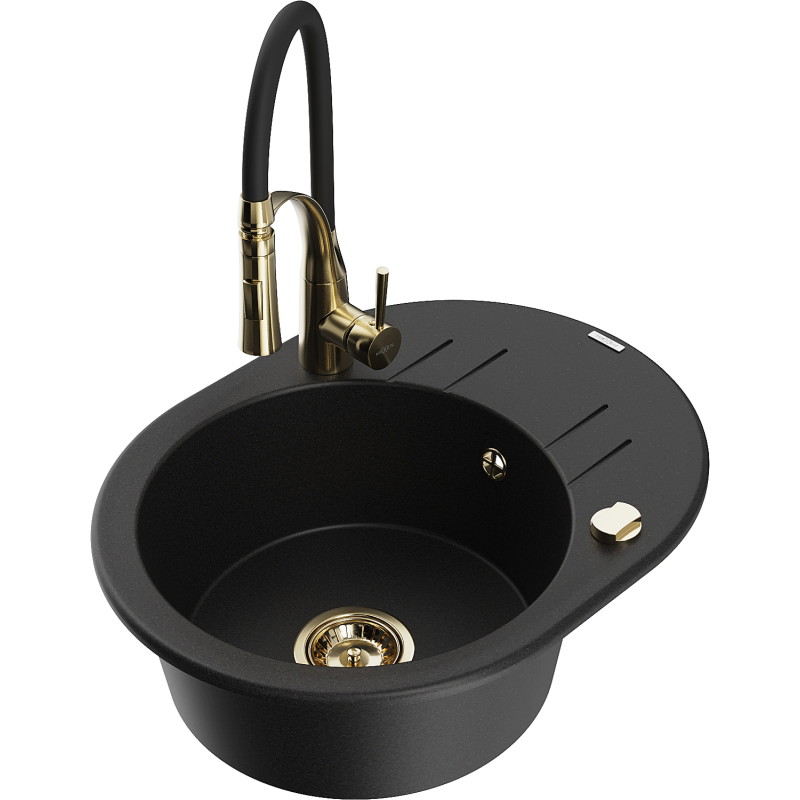 Mexen Kevin granite sink 1-bowl with drainer and kitchen faucet Aster, black - 6517-77-73450-57-G