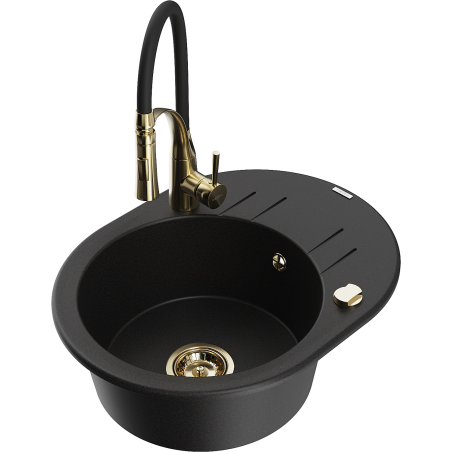 Mexen Kevin 1-bowl granite sink with drainer and Aster kitchen faucet, black - 6517-77-73450-57-G