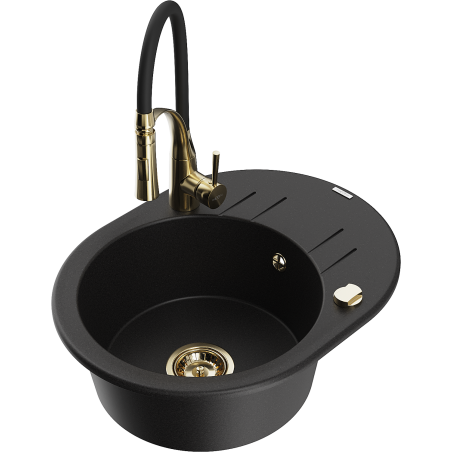 Mexen Kevin granite sink 1-bowl with drainer and kitchen faucet Aster, black - 6517-77-73450-57-G
