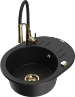 Mexen Kevin 1-bowl granite sink with drainer and Aster kitchen faucet, black - 6517-77-73450-57-G