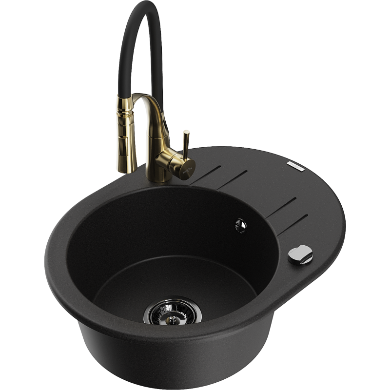 Mexen Kevin granite sink 1-bowl with drainer and kitchen tap Aster, black - 6517-77-73450-57-B
