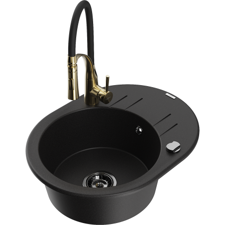 Mexen Kevin granite sink 1-bowl with drainer and Aster kitchen faucet, black - 6517-77-73450-57-B