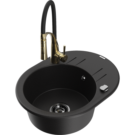 Mexen Kevin granite sink 1-bowl with drainer and kitchen tap Aster, black - 6517-77-73450-57-B