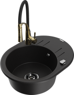 Mexen Kevin 1-bowl granite sink with drainer and Aster kitchen faucet, black - 6517-77-73450-57-B