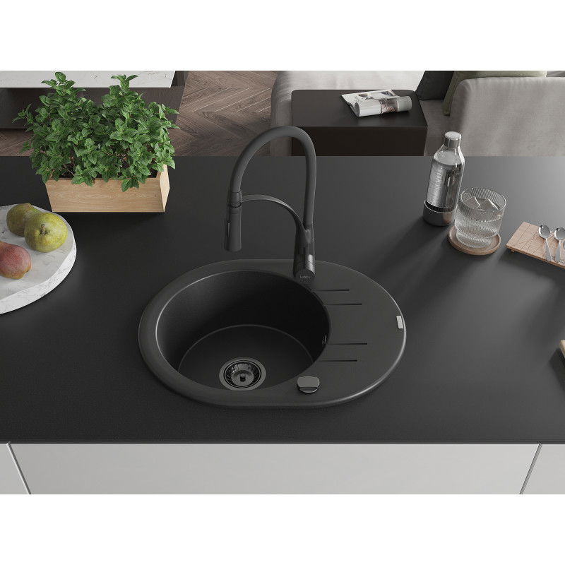 Mexen Kevin granite kitchen sink 1-bowl with drainer and Aster kitchen tap, black - 6517-77-73450-70-B