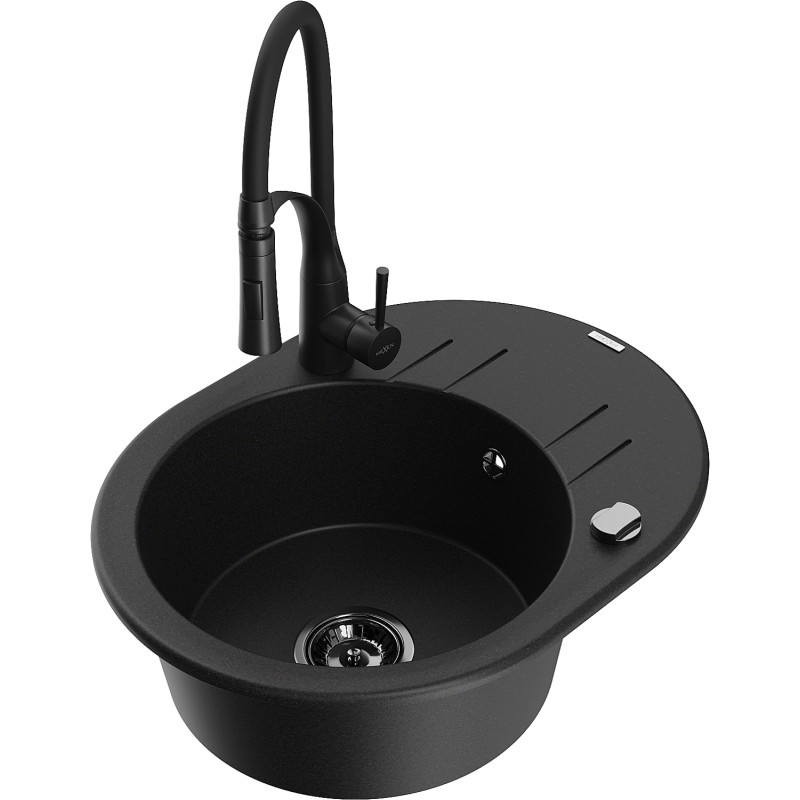Mexen Kevin granite kitchen sink 1-bowl with drainer and Aster kitchen faucet, black - 6517-77-73450-70-B