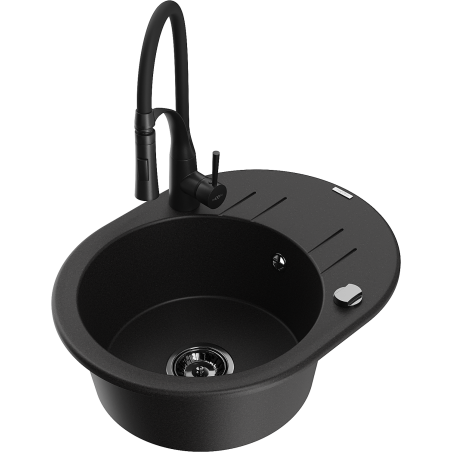 Mexen Kevin granit kitchen sink, 1-bowl with drainer and Aster kitchen faucet, black - 6517-77-73450-70-B
