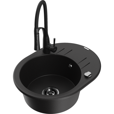 Mexen Kevin granite kitchen sink 1-bowl with drainer and Aster kitchen tap, black - 6517-77-73450-70-B