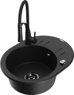 Mexen Kevin granite kitchen sink 1-bowl with drainer and Aster kitchen faucet, black - 6517-77-73450-70-B