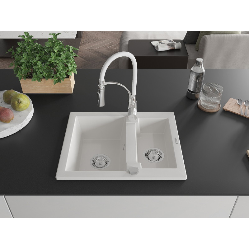 Mexen Carlos granite sink 1.5 bowls with Aster kitchen faucet, white - 6518-20-73450-02
