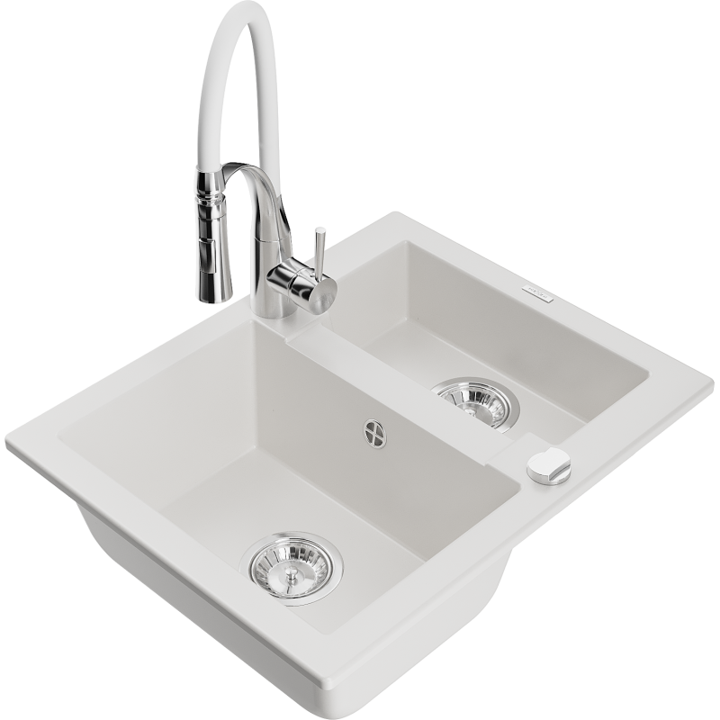 Mexen Carlos 1.5-bowl granite sink with Aster kitchen tap, white - 6518-20-73450-02