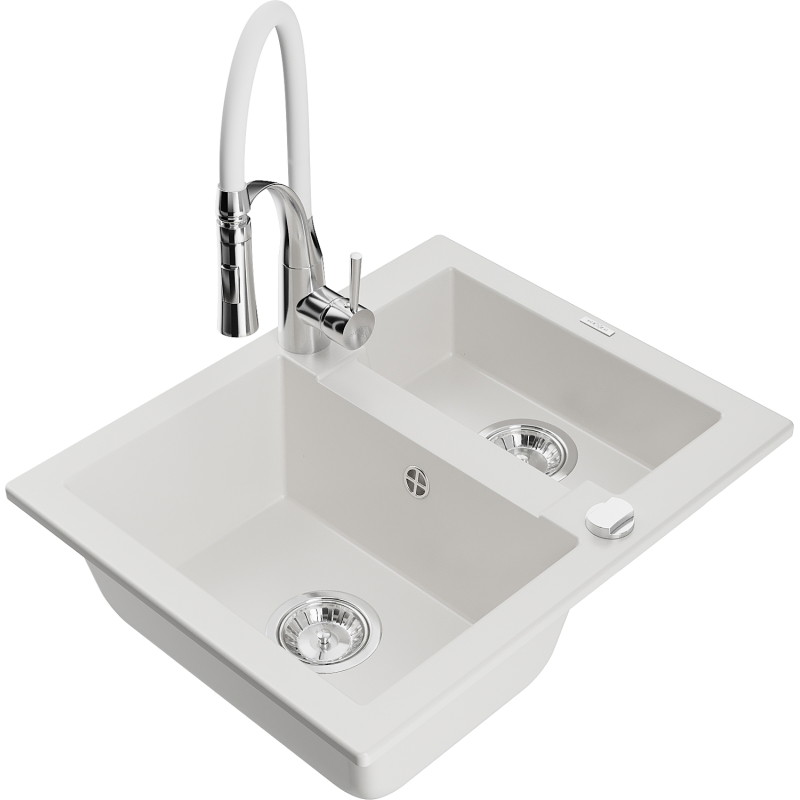 Mexen Carlos granite sink 1.5 bowls with Aster kitchen faucet, white - 6518-20-73450-02