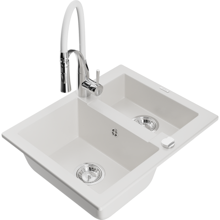 Mexen Carlos 1.5-bowl granite sink with Aster kitchen tap, white - 6518-20-73450-02