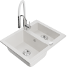 Mexen Carlos granite sink 1.5 bowls with Aster kitchen faucet, white - 6518-20-73450-02