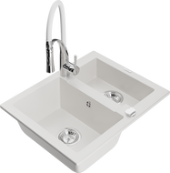 Mexen Carlos 1.5-bowl granite sink with Aster kitchen tap, white - 6518-20-73450-02