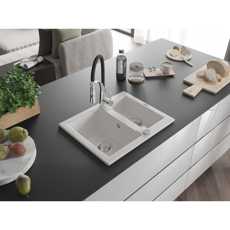 Mexen Carlos granite sink 1.5-bowl with Aster kitchen faucet, white - 6518-20-73450-07