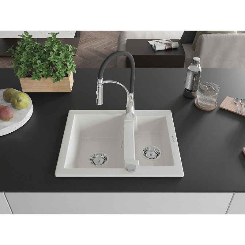 Mexen Carlos 1.5-bowl granite sink with Aster kitchen tap, white - 6518-20-73450-07