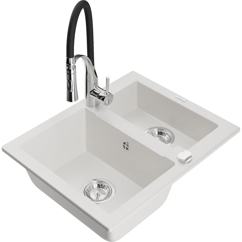 Mexen Carlos granite sink 1.5-bowl with Aster kitchen faucet, white - 6518-20-73450-07