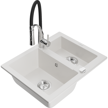 Mexen Carlos 1.5-bowl granite sink with Aster kitchen tap, white - 6518-20-73450-07