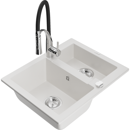 Mexen Carlos granite sink 1.5-bowl with Aster kitchen faucet, white - 6518-20-73450-07