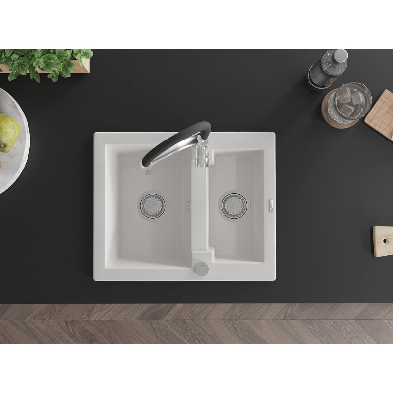 Mexen Carlos granite sink 1.5-bowl with Aster kitchen faucet, white - 6518-20-73450-07