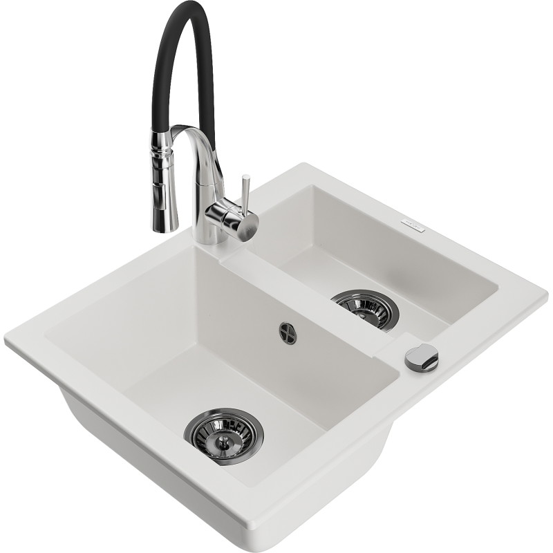 Mexen Carlos granite kitchen sink 1.5-bowl with Aster kitchen faucet, white - 6518-20-73450-07-B