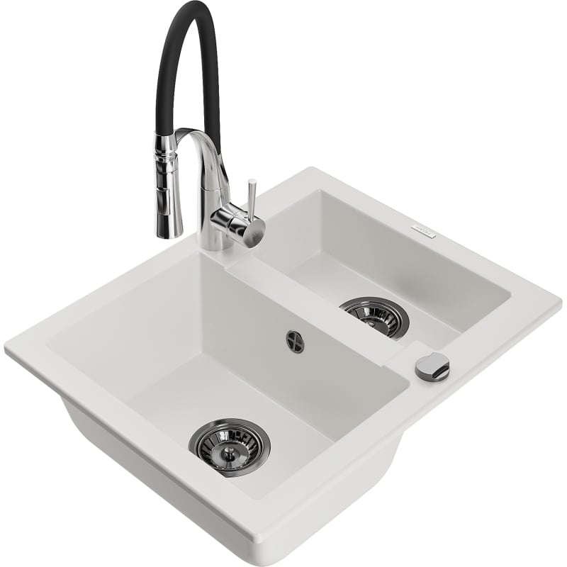 Mexen Carlos granite kitchen sink 1.5-bowl with kitchen faucet Aster, white - 6518-20-73450-07-B