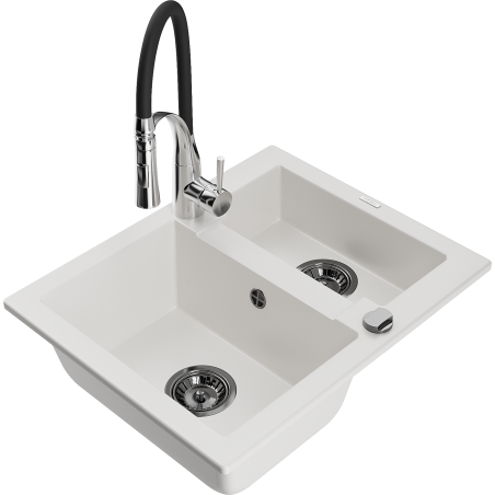 Mexen Carlos granite sink 1.5-bowl with Aster kitchen tap, white - 6518-20-73450-07-B