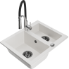 Mexen Carlos granite sink 1.5-bowl with Aster kitchen tap, white - 6518-20-73450-07-B