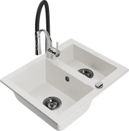 Mexen Carlos granite sink 1.5-bowl with Aster kitchen tap, white - 6518-20-73450-07-B