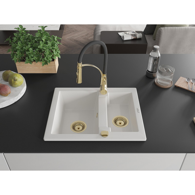 Mexen Carlos granite sink 1.5-bowl with Aster kitchen faucet, white - 6518-20-73450-57-G