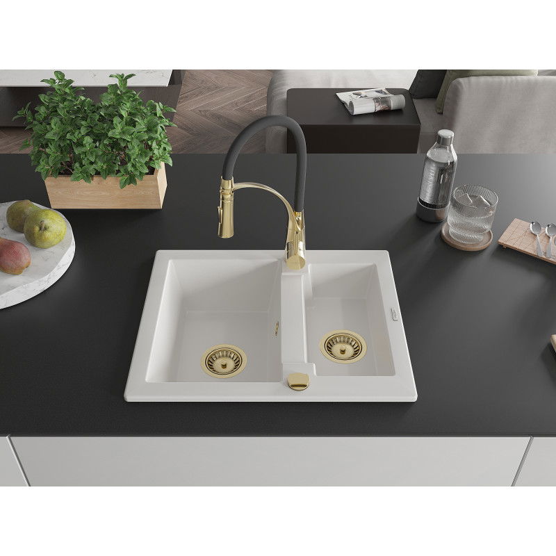 Mexen Carlos granite sink 1.5-bowl with Aster kitchen tap, white - 6518-20-73450-57-G