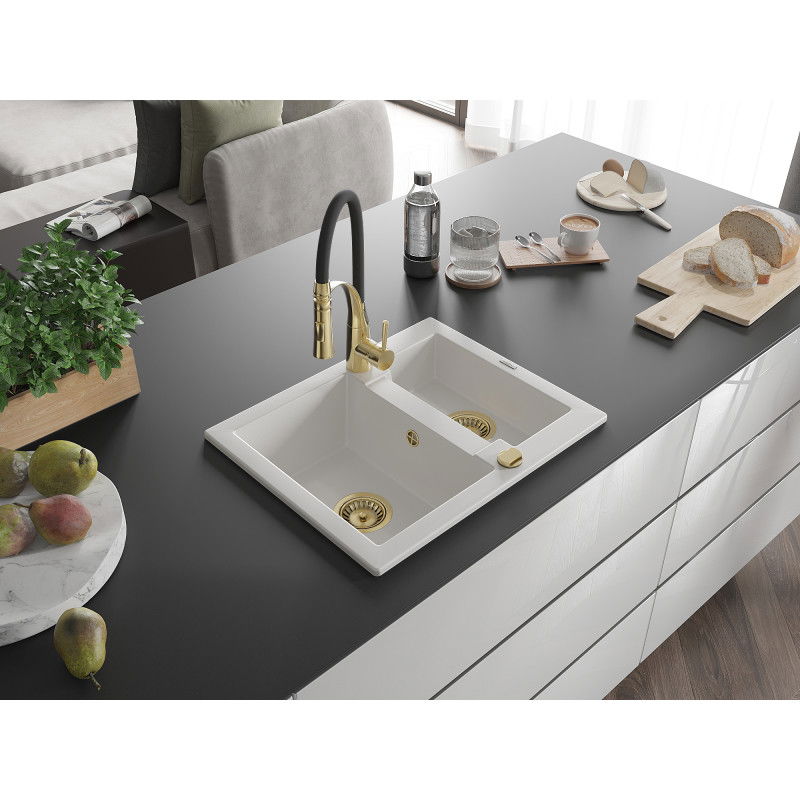 Mexen Carlos granite sink 1.5-bowl with Aster kitchen tap, white - 6518-20-73450-57-G