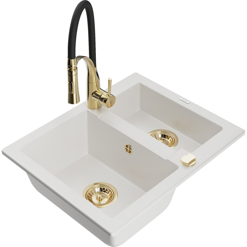 Mexen Carlos 1.5-bowl granite sink with Aster kitchen faucet, white - 6518-20-73450-57-G