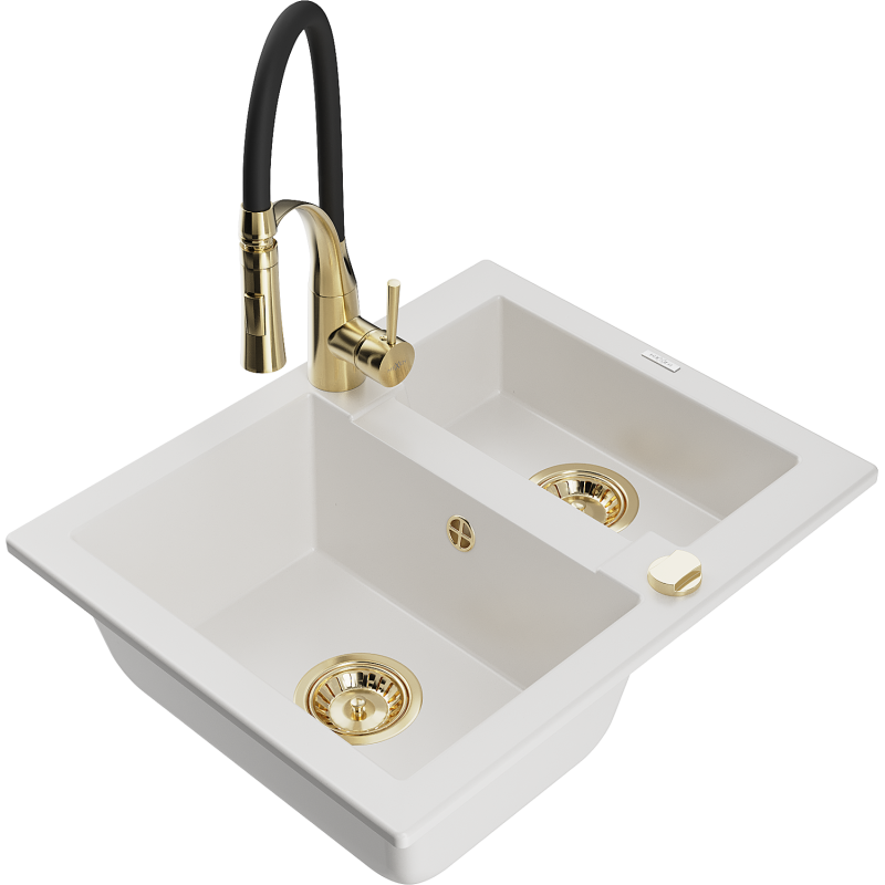 Mexen Carlos granite sink 1.5-bowl with Aster kitchen tap, white - 6518-20-73450-57-G