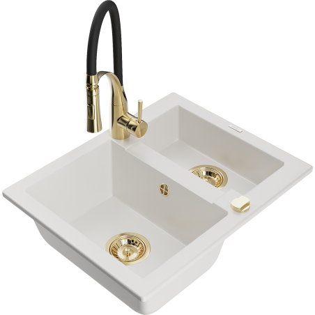 Mexen Carlos 1.5-bowl granite sink with Aster kitchen faucet, white - 6518-20-73450-57-G