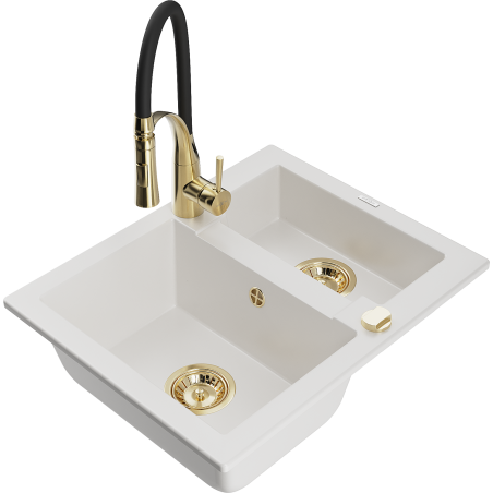 Mexen Carlos granite sink 1.5-bowl with Aster kitchen faucet, white - 6518-20-73450-57-G