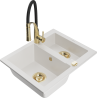 Mexen Carlos 1.5-bowl granite sink with Aster kitchen faucet, white - 6518-20-73450-57-G